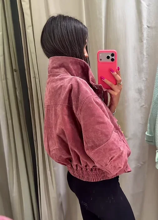 Fashion Dusty Pink Long Sleeve Faux Suede Jackets Women Oversized Stand Collar Zip Up Casual Coat 2026 Autumn New Commute Outfit