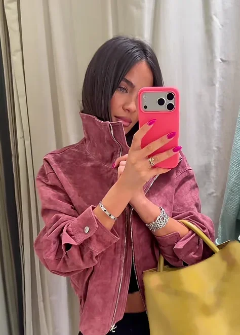 Fashion Dusty Pink Long Sleeve Faux Suede Jackets Women Oversized Stand Collar Zip Up Casual Coat 2026 Autumn New Commute Outfit