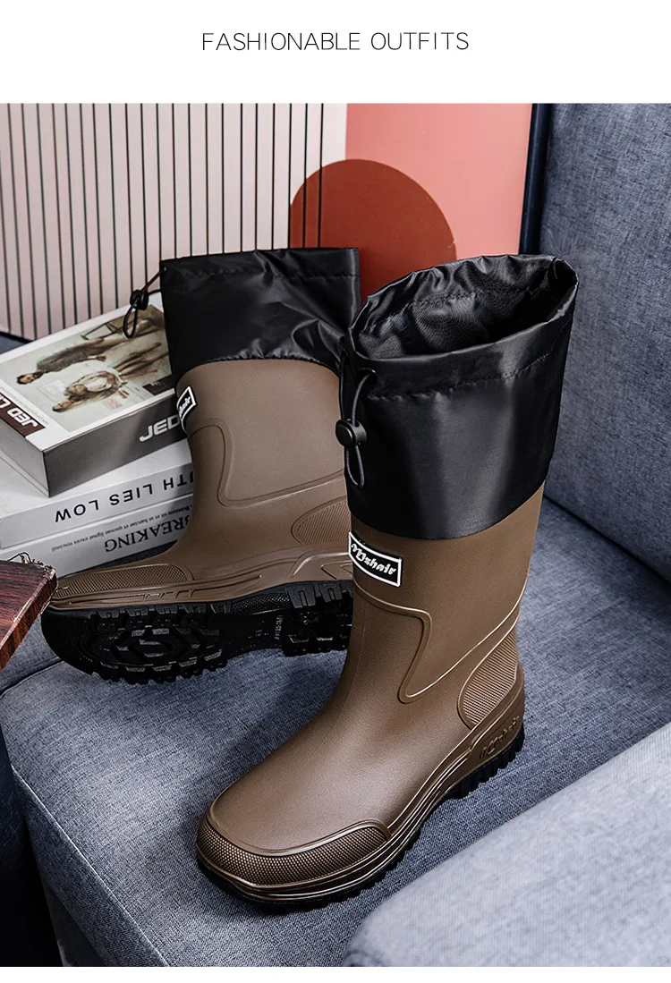 Men's Waterproof Fishing Delivery Rider Rain Boots with Durable Thick Soles, Anti-Slip Rubber Shoes