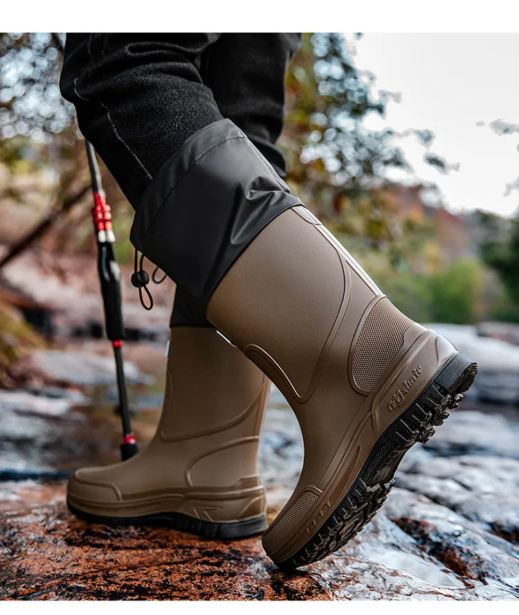 Men's Waterproof Fishing Delivery Rider Rain Boots with Durable Thick Soles, Anti-Slip Rubber Shoes