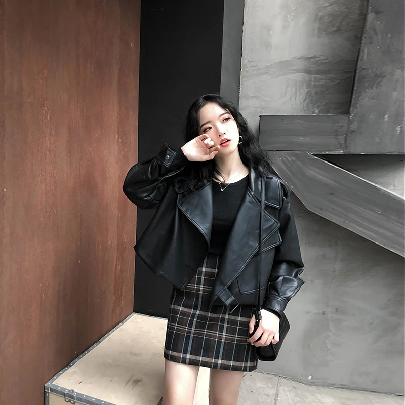 FTLZZ New Spring Women Faux Leather Jacket Biker Red White Coat Turndown Collar PU Motorcycle Jackets Loose Streetwear Outerwear