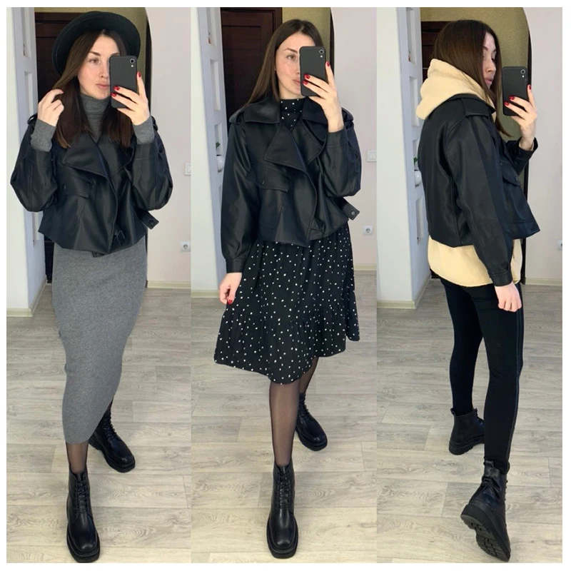 FTLZZ New Spring Women Faux Leather Jacket Biker Red White Coat Turndown Collar PU Motorcycle Jackets Loose Streetwear Outerwear