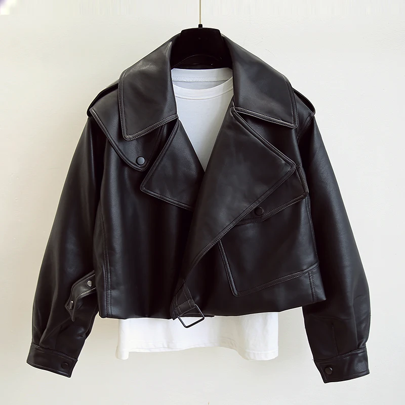 FTLZZ New Spring Women Faux Leather Jacket Biker Red White Coat Turndown Collar PU Motorcycle Jackets Loose Streetwear Outerwear