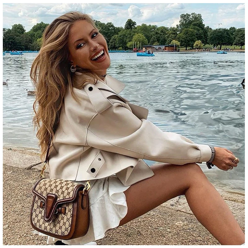 FTLZZ New Spring Women Faux Leather Jacket Biker Red White Coat Turndown Collar PU Motorcycle Jackets Loose Streetwear Outerwear