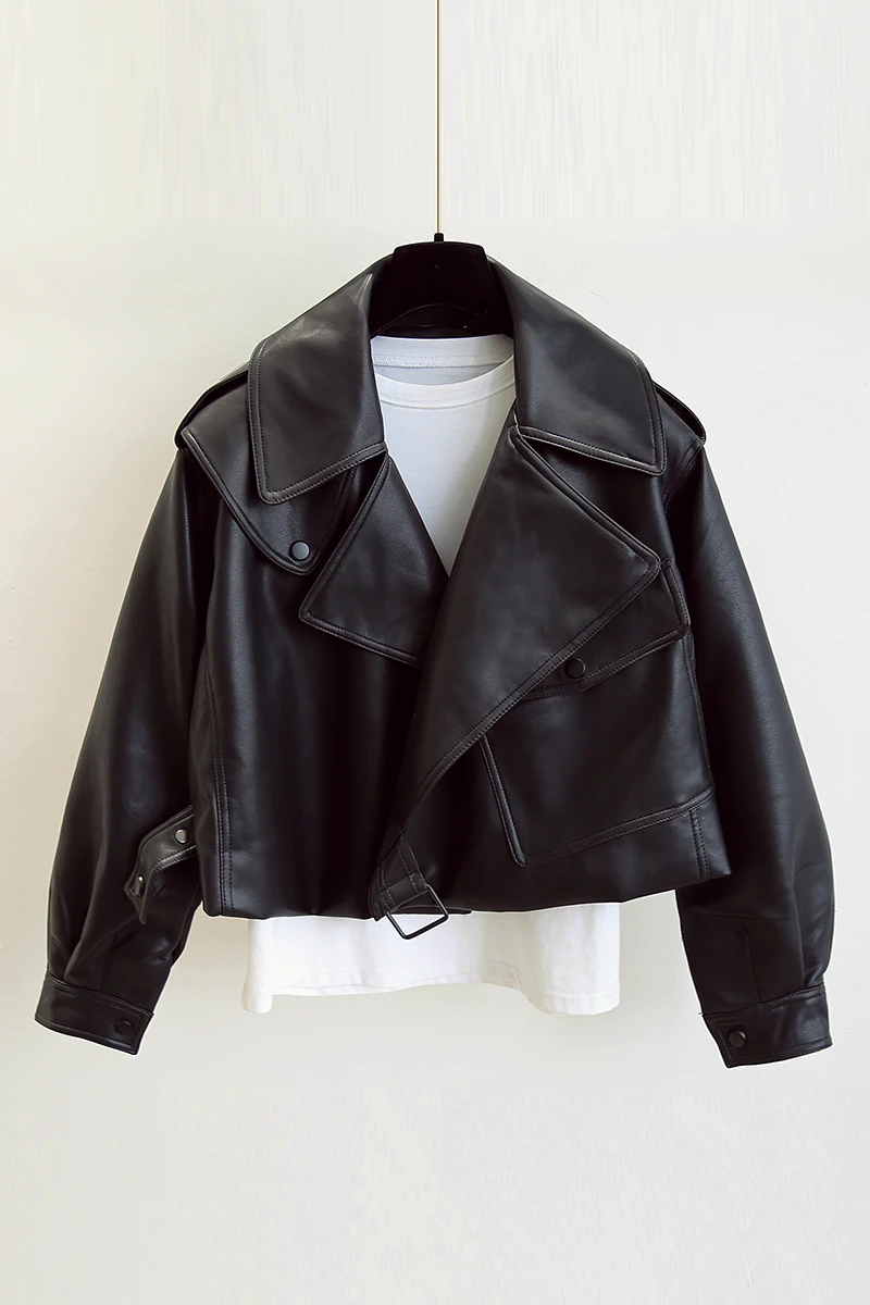 FTLZZ New Spring Women Faux Leather Jacket Biker Red White Coat Turndown Collar PU Motorcycle Jackets Loose Streetwear Outerwear