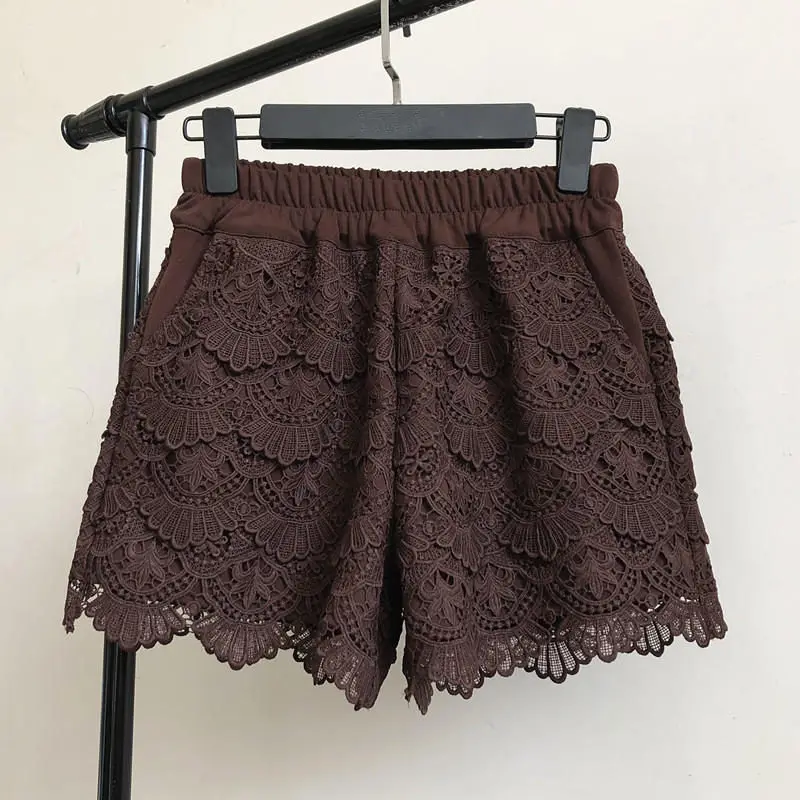 Lace Shorts Women Spring Autumn High Waist Shorts Elastic Wide Leg Short Shorts Black / White Ladies Sexy Short Feminino Q2248