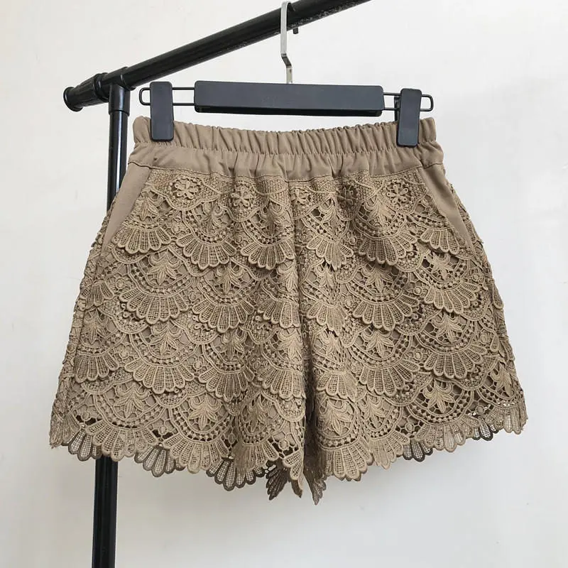 Lace Shorts Women Spring Autumn High Waist Shorts Elastic Wide Leg Short Shorts Black / White Ladies Sexy Short Feminino Q2248