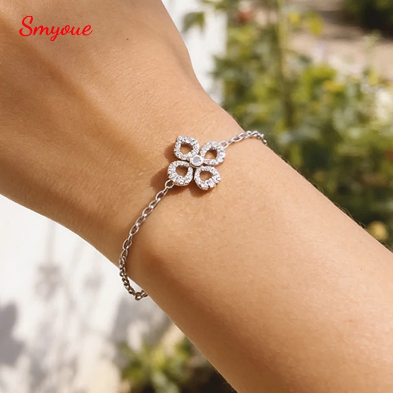 Smyoue Adjustable Flower Moissanite Bracelets for Women Certified Sparkling 18k Plated Ear Jewelry 100% 925 Sterling Silver