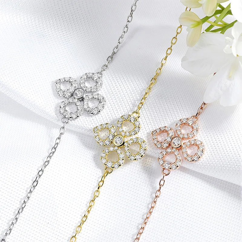 Smyoue Adjustable Flower Moissanite Bracelets for Women Certified Sparkling 18k Plated Ear Jewelry 100% 925 Sterling Silver