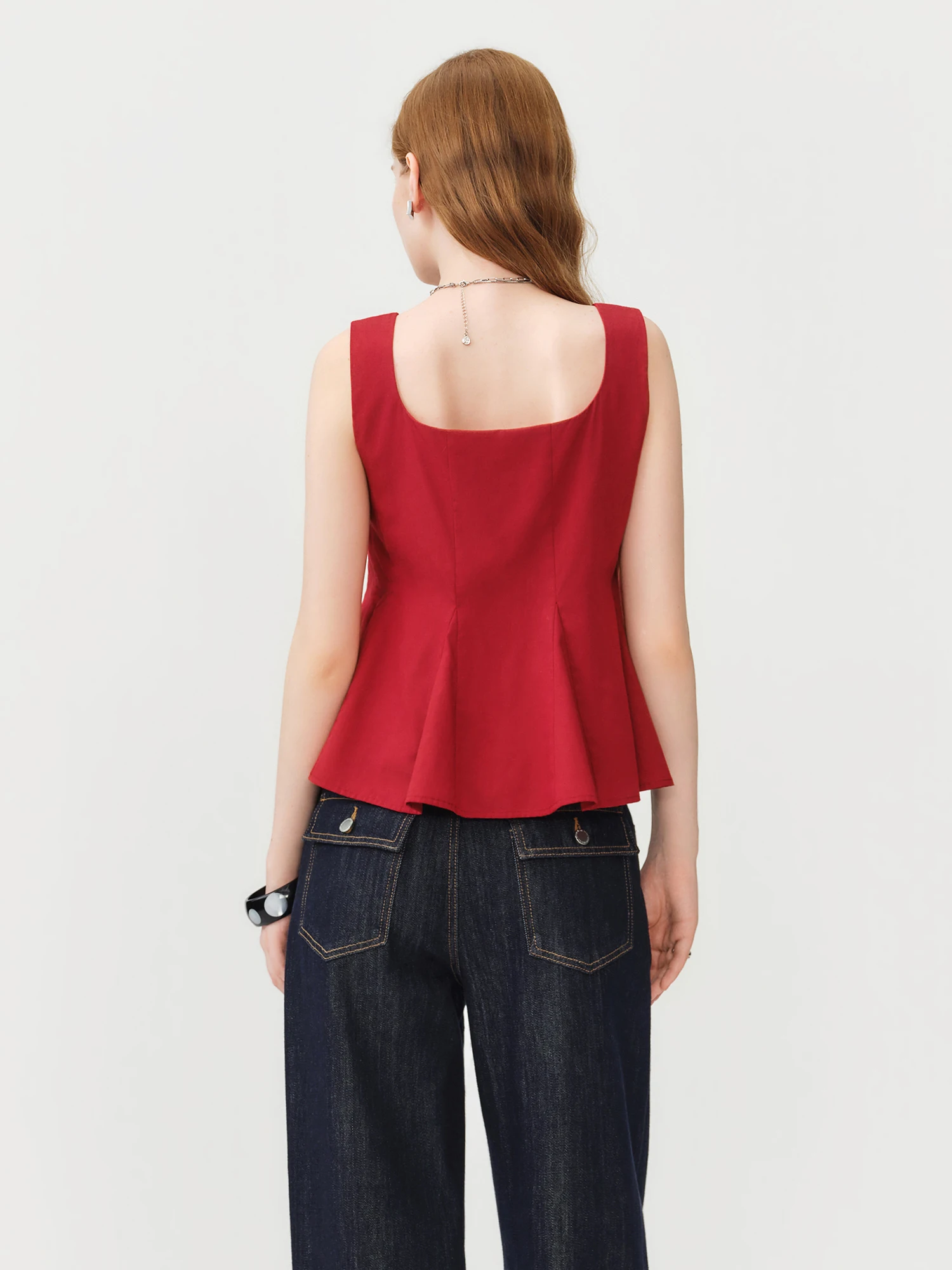 FSLE 2026 Summer Women's Red Lace Sleeveless Blouse with Waist-Defining Fit for Beach Vacations and Summer Getaways