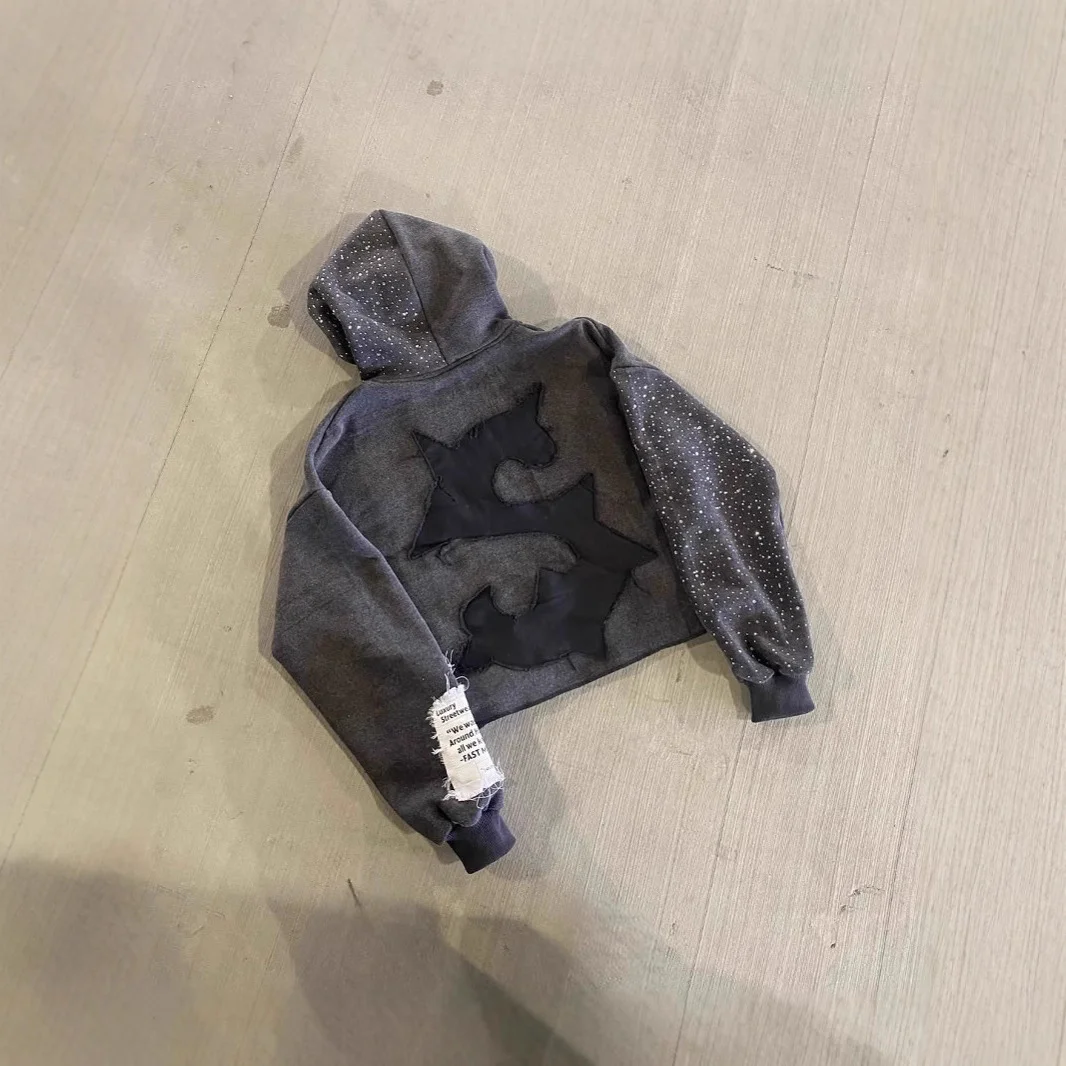 Oversized Washed Grey Rhinestone Sleeve Hoodie Zip up Jacket with Flocked Patch Letter Back Star Frayed Tag Y2K Streetwear