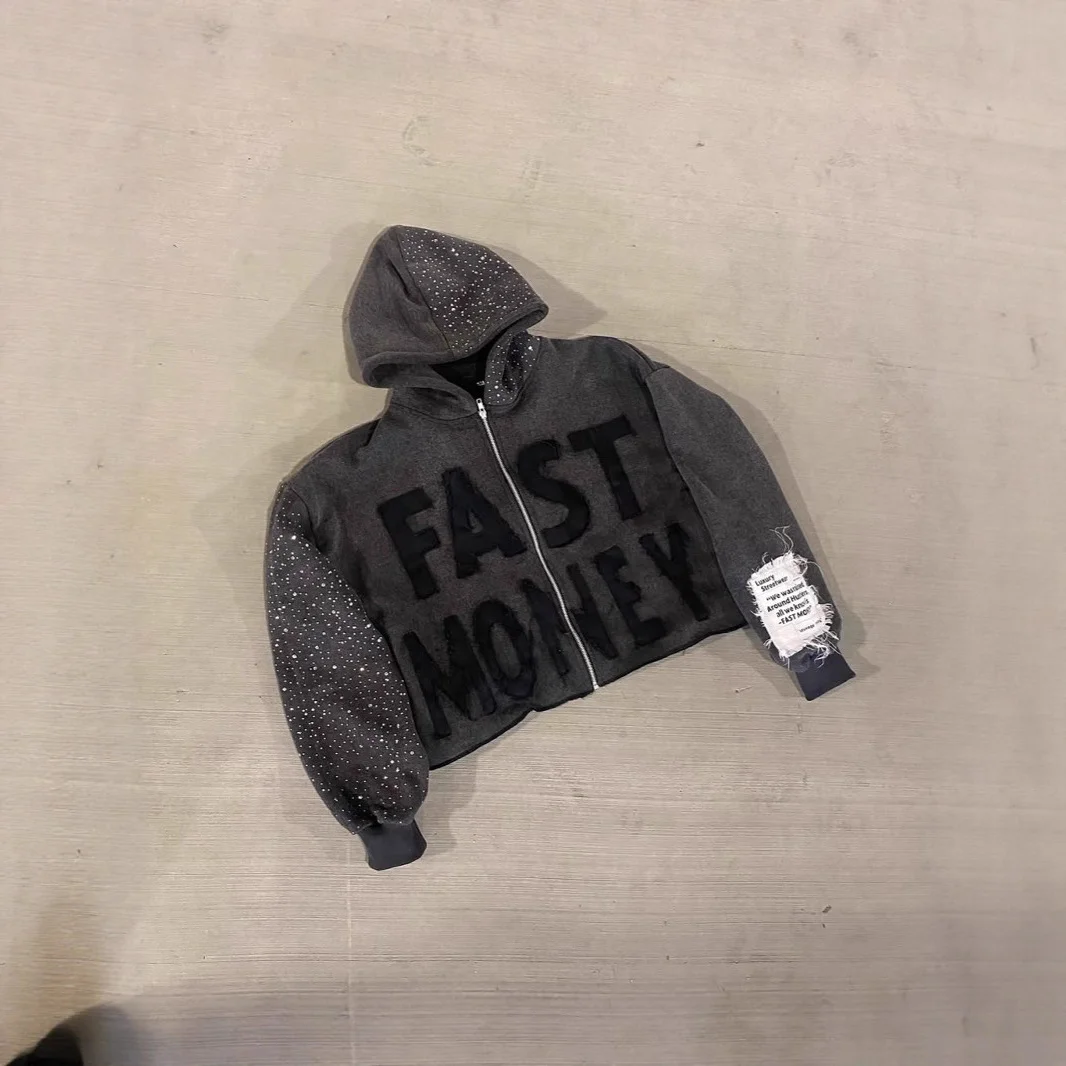 Oversized Washed Grey Rhinestone Sleeve Hoodie Zip up Jacket with Flocked Patch Letter Back Star Frayed Tag Y2K Streetwear
