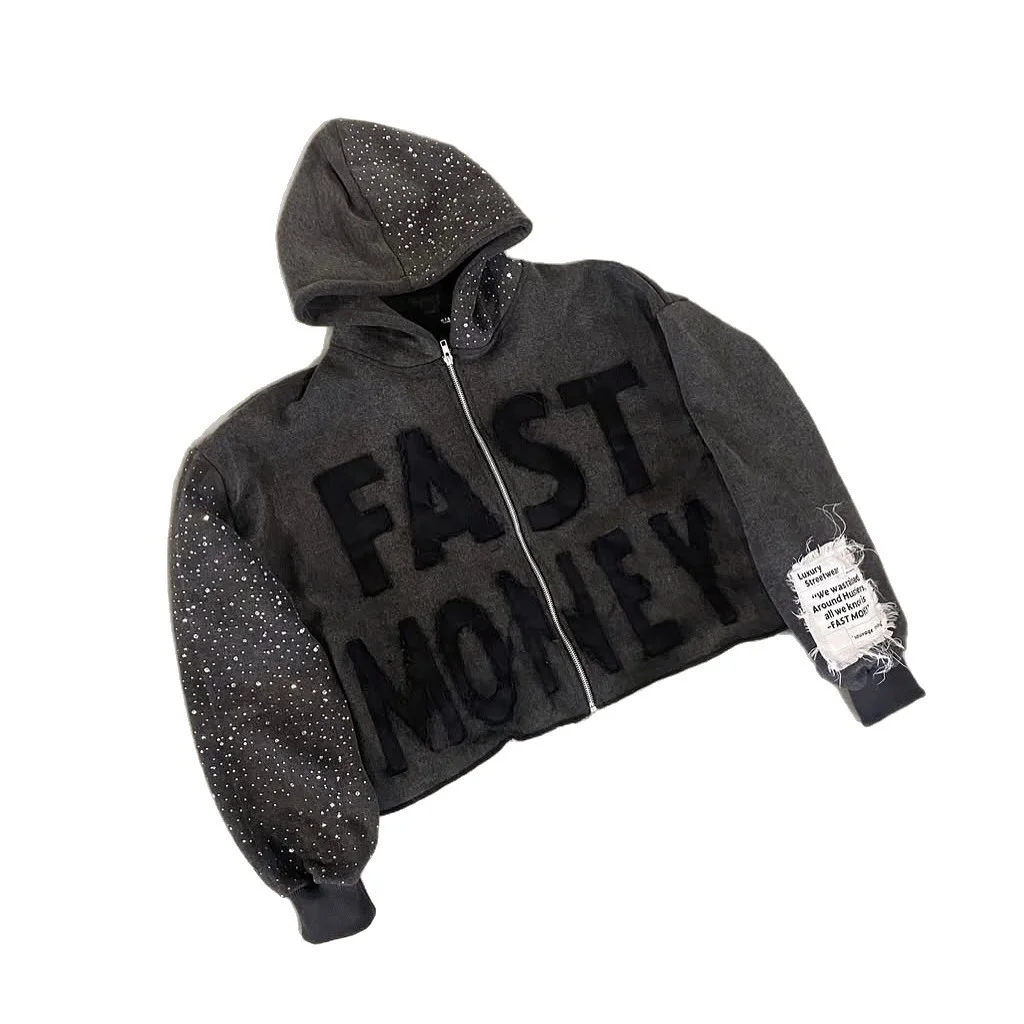 Oversized Washed Grey Rhinestone Sleeve Hoodie Zip up Jacket with Flocked Patch Letter Back Star Frayed Tag Y2K Streetwear