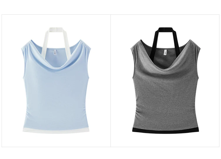 Semir Women Tshirt Short Length Halter Neck Draped Collar Fake Two Piece Slim Fit Stylish 2026 Summer Fashion Casual Top