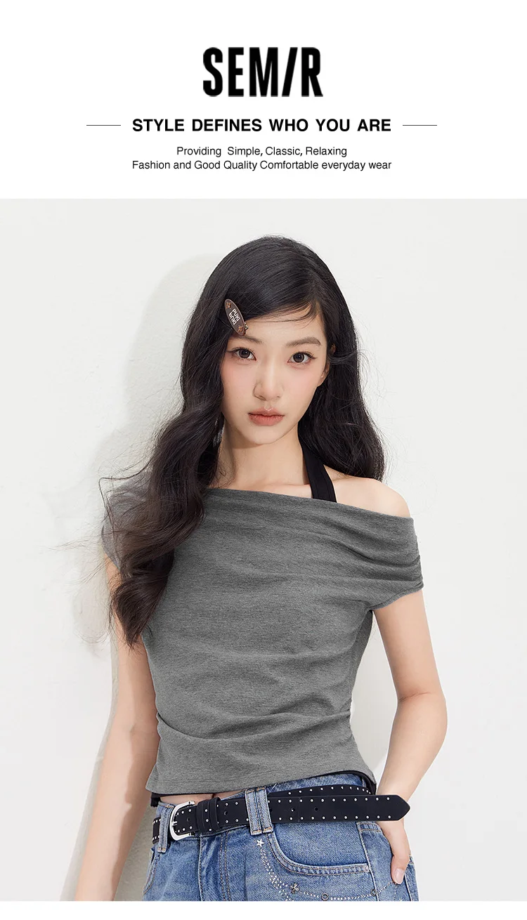 Semir Women Tshirt Short Length Halter Neck Draped Collar Fake Two Piece Slim Fit Stylish 2026 Summer Fashion Casual Top