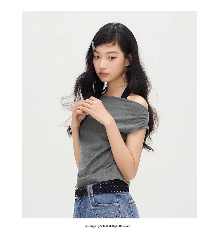 Semir Women Tshirt Short Length Halter Neck Draped Collar Fake Two Piece Slim Fit Stylish 2026 Summer Fashion Casual Top