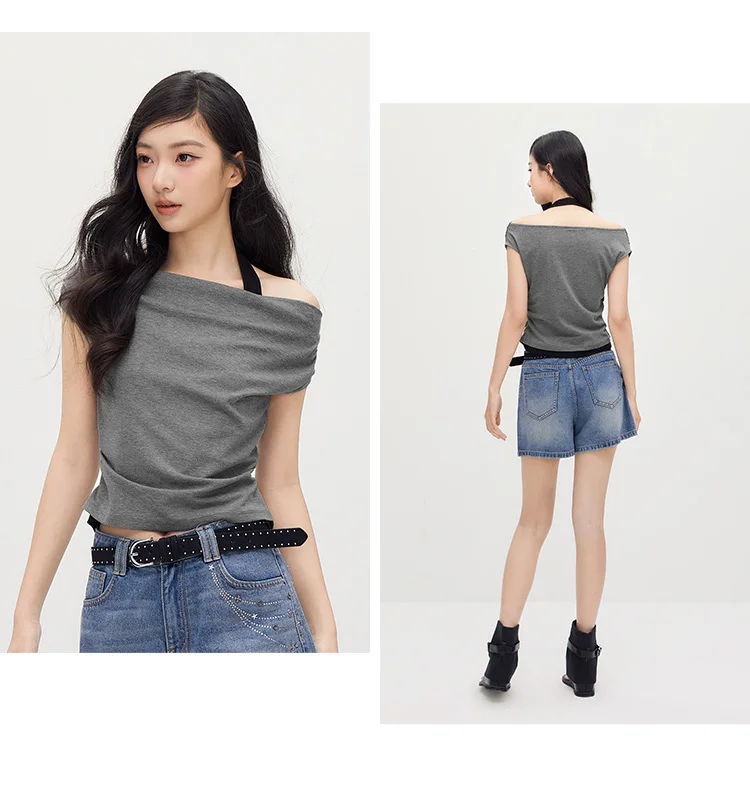 Semir Women Tshirt Short Length Halter Neck Draped Collar Fake Two Piece Slim Fit Stylish 2026 Summer Fashion Casual Top