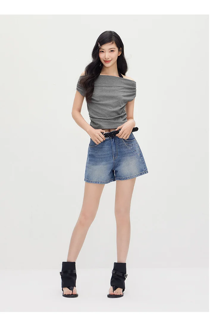 Semir Women Tshirt Short Length Halter Neck Draped Collar Fake Two Piece Slim Fit Stylish 2026 Summer Fashion Casual Top