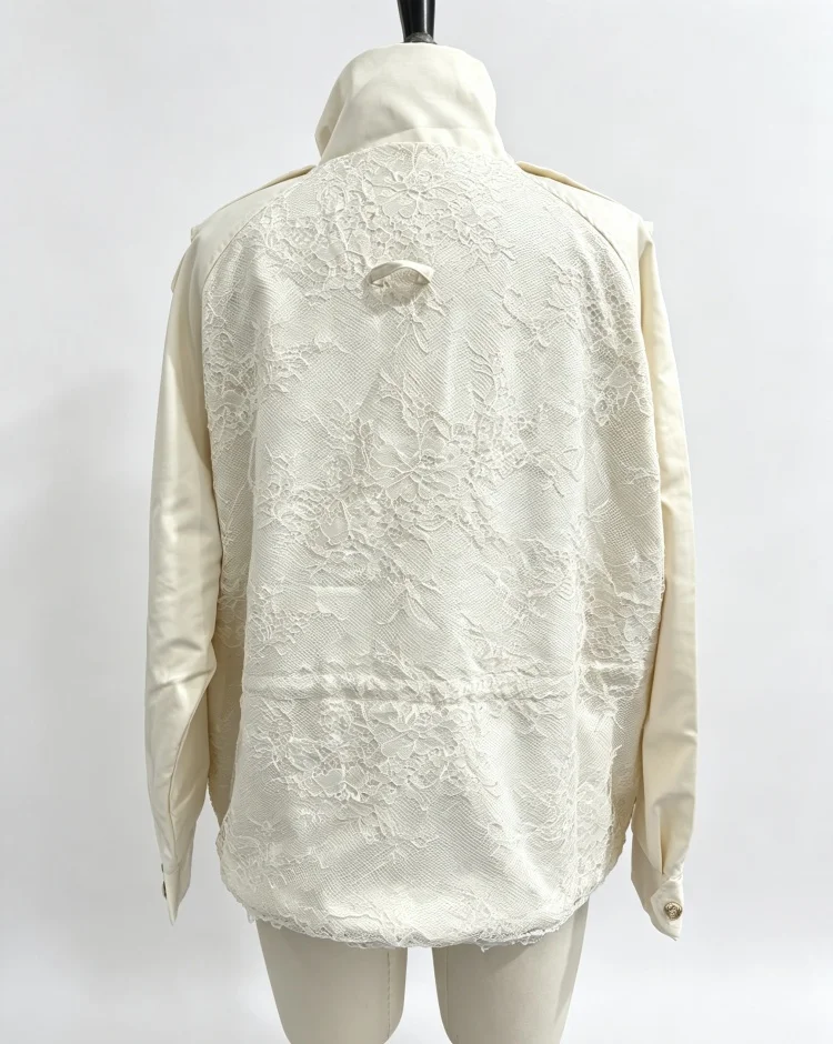 Women Lace Hem Cropped Trench Jacket Stand Collar Epaulet Gold Button Closure Drawstring Waist Coat Casual Ladies Outerwear