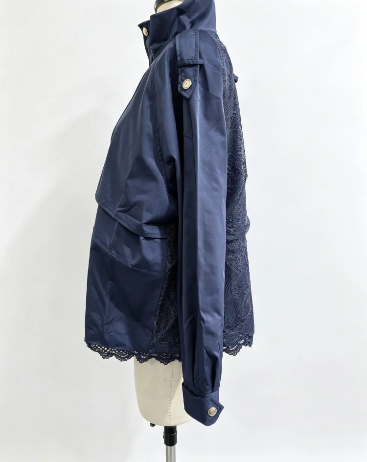 Women Lace Hem Cropped Trench Jacket Stand Collar Epaulet Gold Button Closure Drawstring Waist Coat Casual Ladies Outerwear