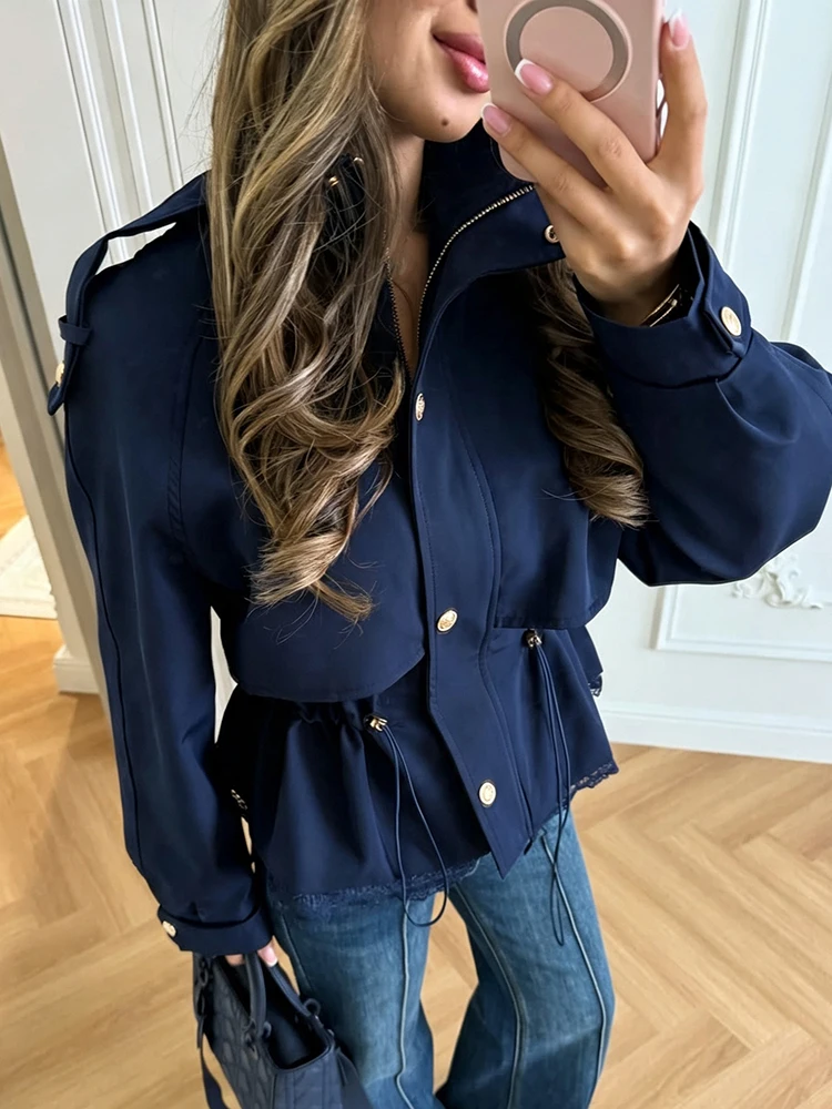 Women Lace Hem Cropped Trench Jacket Stand Collar Epaulet Gold Button Closure Drawstring Waist Coat Casual Ladies Outerwear