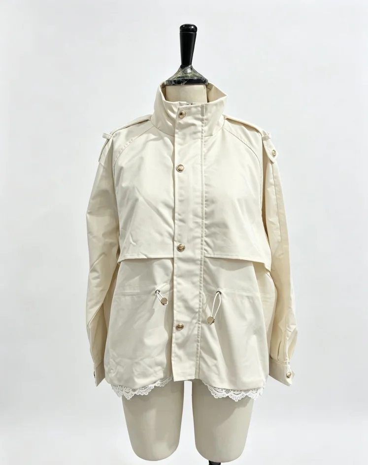 Women Lace Hem Cropped Trench Jacket Stand Collar Epaulet Gold Button Closure Drawstring Waist Coat Casual Ladies Outerwear