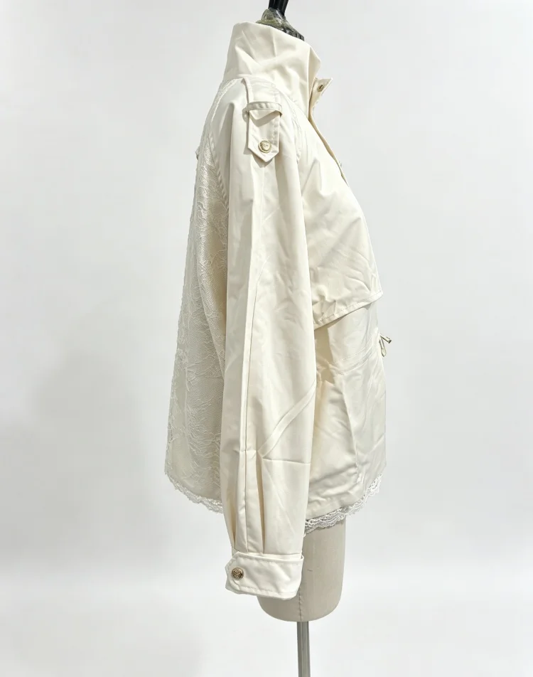 Women Lace Hem Cropped Trench Jacket Stand Collar Epaulet Gold Button Closure Drawstring Waist Coat Casual Ladies Outerwear