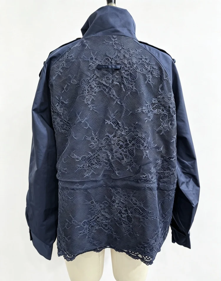 Women Lace Hem Cropped Trench Jacket Stand Collar Epaulet Gold Button Closure Drawstring Waist Coat Casual Ladies Outerwear