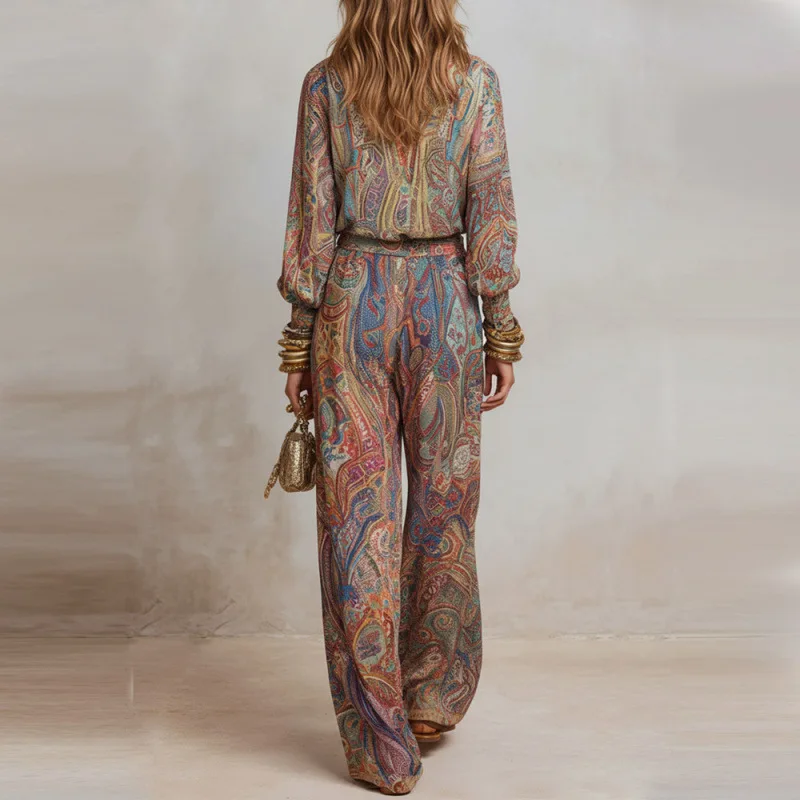 Women's Boho Paisley Print Two-Piece Set V-Neck Long Sleeve Blouse Top Wide Leg Pants Casual Loose Suit for Vacation