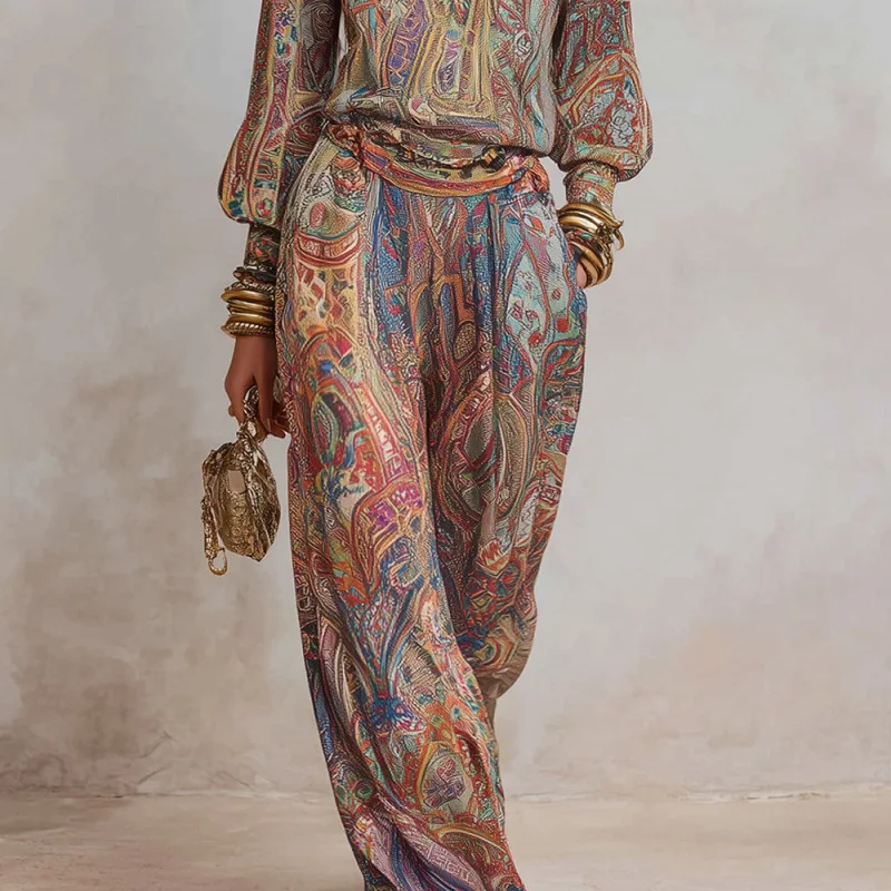 Women's Boho Paisley Print Two-Piece Set V-Neck Long Sleeve Blouse Top Wide Leg Pants Casual Loose Suit for Vacation