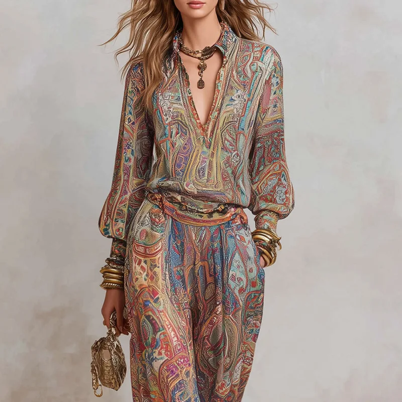 Women's Boho Paisley Print Two-Piece Set V-Neck Long Sleeve Blouse Top Wide Leg Pants Casual Loose Suit for Vacation