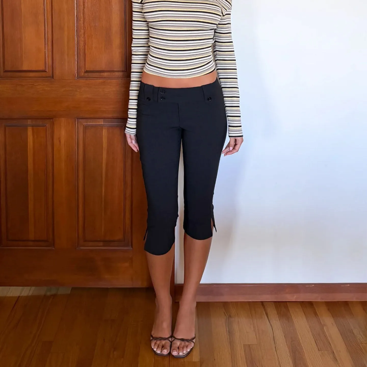 Tg Retro Low-Waist Black Cropped Pants, Slimming and Versatile Black Split-Crotch Casual Pants for Work, Hip-Hugging Black Suit Cropped Pants with Side Slits, Low-Waist Slim-Fit Capri Cropped Pants