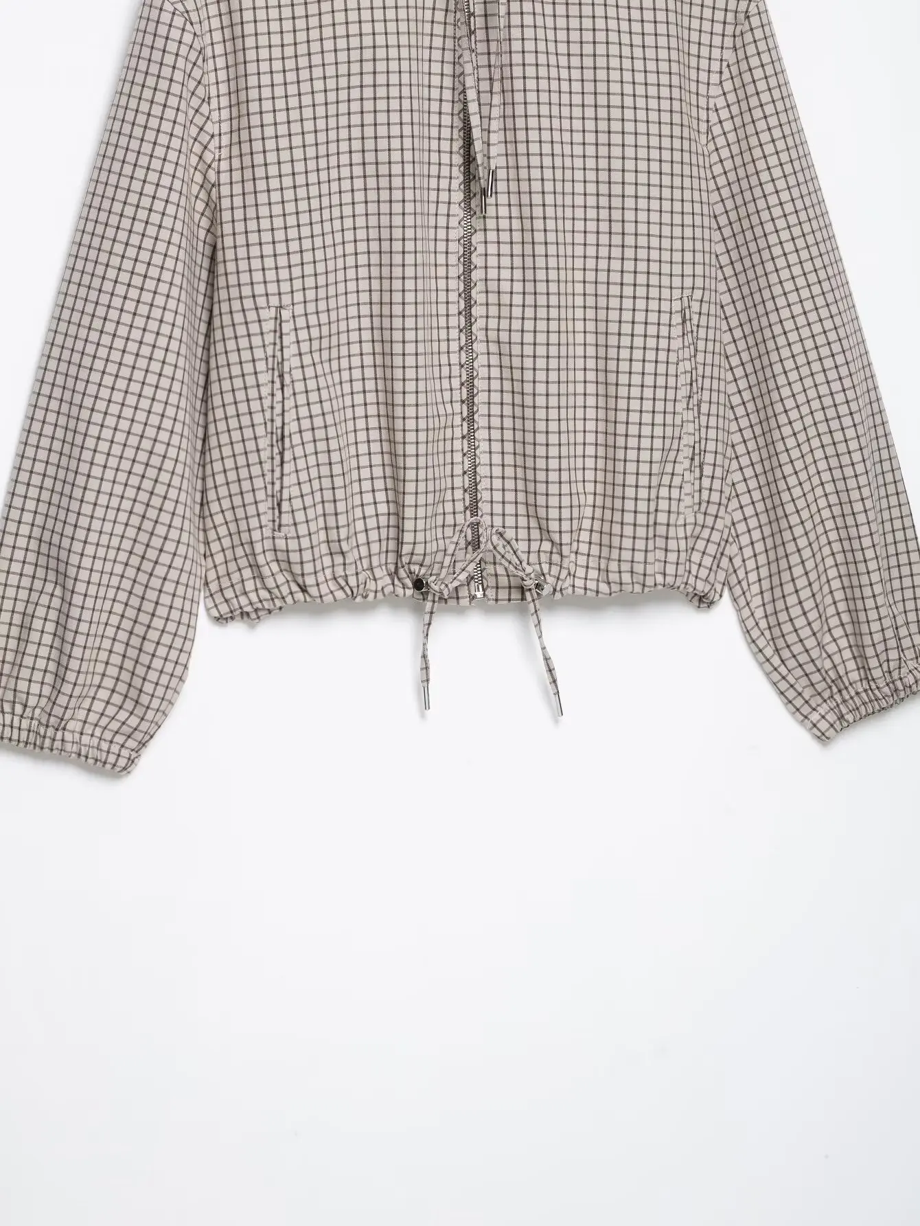 BSAY 2026 Daily Casual Women Grid Plaid Hooded Cropped Jacket Zip Front Drawstring Hem Loose Long Sleeve Streetwear Outer Coat