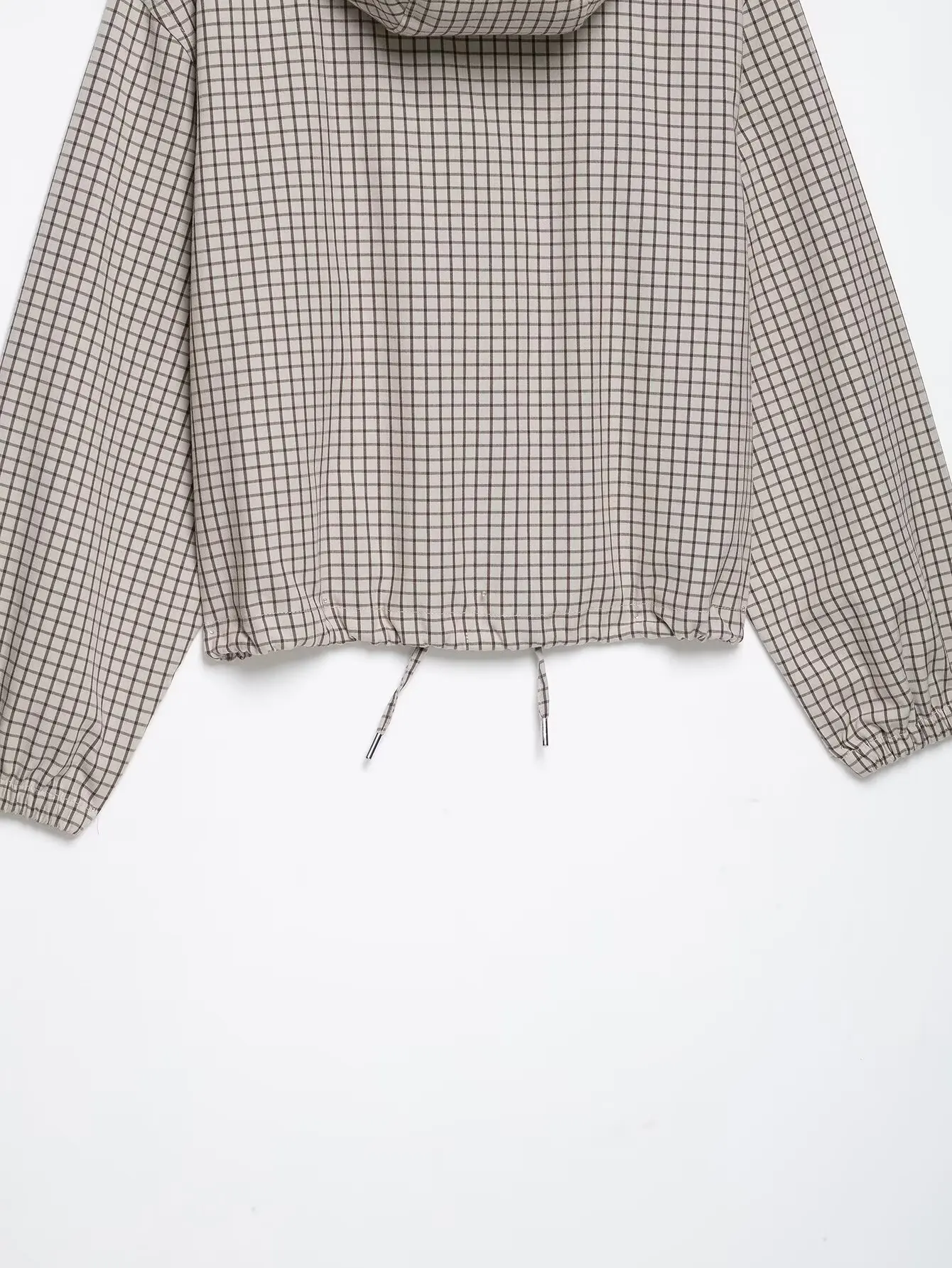 BSAY 2026 Daily Casual Women Grid Plaid Hooded Cropped Jacket Zip Front Drawstring Hem Loose Long Sleeve Streetwear Outer Coat
