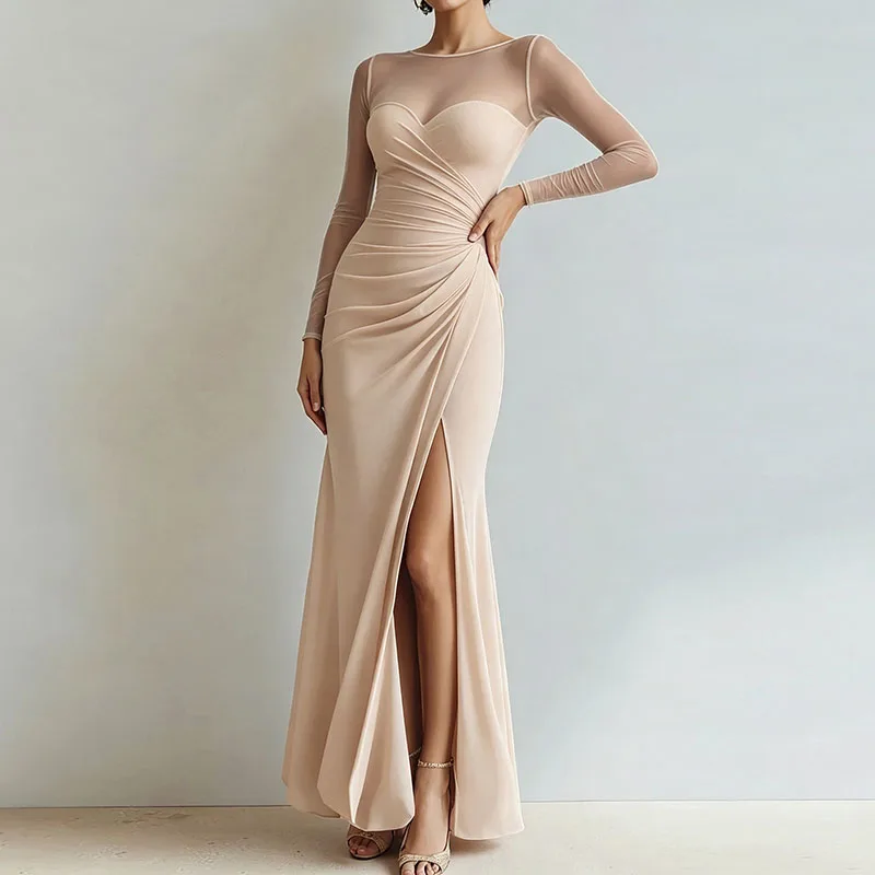 Women Solid Mesh Mermaid Dress O Neck Long Sleeve Ruched Waist High Slit Bodycon Long Dress Elegant Formal Guest Prom Maxi Dress