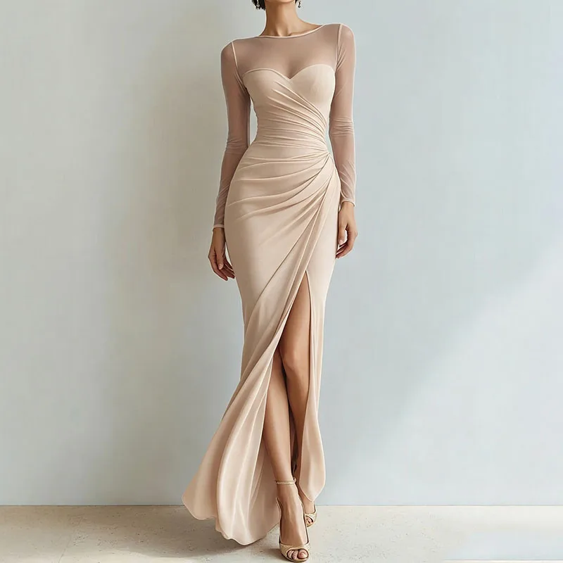Women Solid Mesh Mermaid Dress O Neck Long Sleeve Ruched Waist High Slit Bodycon Long Dress Elegant Formal Guest Prom Maxi Dress