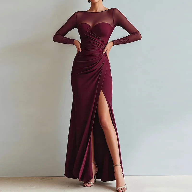 Women Solid Mesh Mermaid Dress O Neck Long Sleeve Ruched Waist High Slit Bodycon Long Dress Elegant Formal Guest Prom Maxi Dress