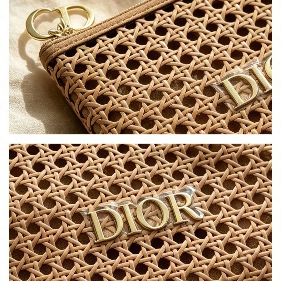 DIOR bag Womens Rattan Weave Cosmetic Bag Portable High Quality Zipper Makeup Pouch Holiday Gift Storage Handbag With Metal Logo