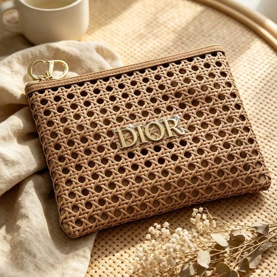 DIOR bag Womens Rattan Weave Cosmetic Bag Portable High Quality Zipper Makeup Pouch Holiday Gift Storage Handbag With Metal Logo