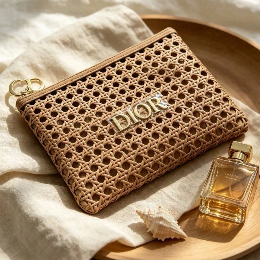 DIOR bag Womens Rattan Weave Cosmetic Bag Portable High Quality Zipper Makeup Pouch Holiday Gift Storage Handbag With Metal Logo