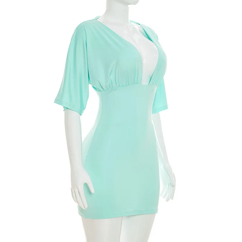 Shestyle Blue V Neck Short Sleeve Dresses Women Sheath Stretchy High Waist Backless Sexy Cleavage 2026 New Stylish Trendy