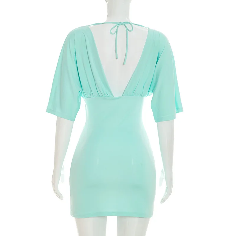 Shestyle Blue V Neck Short Sleeve Dresses Women Sheath Stretchy High Waist Backless Sexy Cleavage 2026 New Stylish Trendy