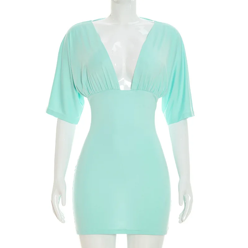 Shestyle Blue V Neck Short Sleeve Dresses Women Sheath Stretchy High Waist Backless Sexy Cleavage 2026 New Stylish Trendy