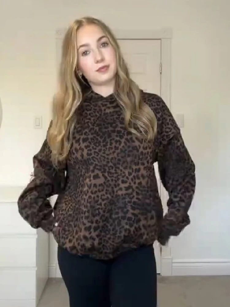 Vintage Chic Leopard Print Hoodie Casual Long Sleeve Loose Pullover Hooded Sweatshirts Lady Trendy Fashion High Street Outfit