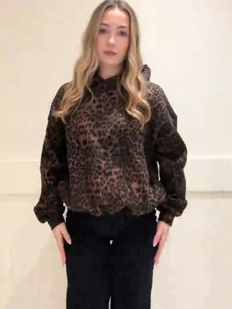 Vintage Chic Leopard Print Hoodie Casual Long Sleeve Loose Pullover Hooded Sweatshirts Lady Trendy Fashion High Street Outfit