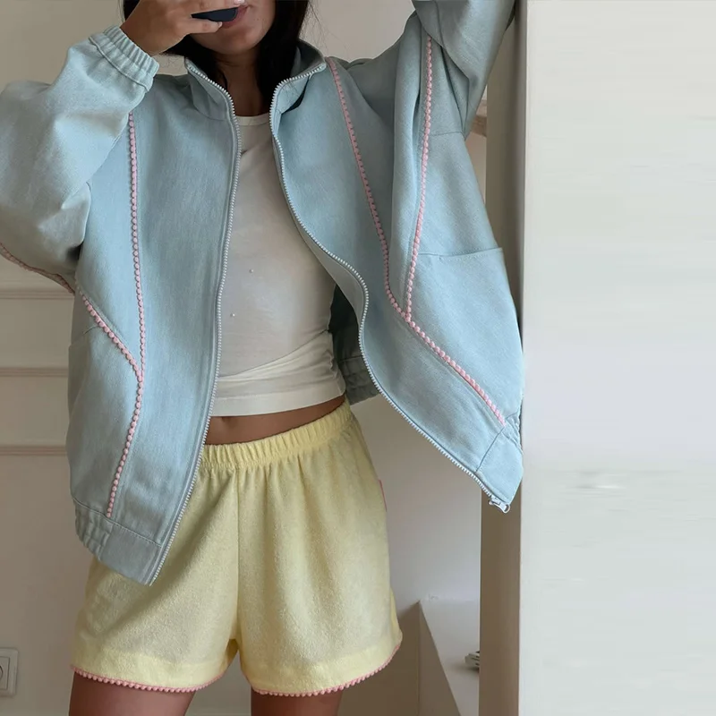 Contrast Denim Bomber Jackets Women's Casual Zipper Stand Collar Full Sleeve Short Coat 2026 Autumn New Lady High Street Outwear