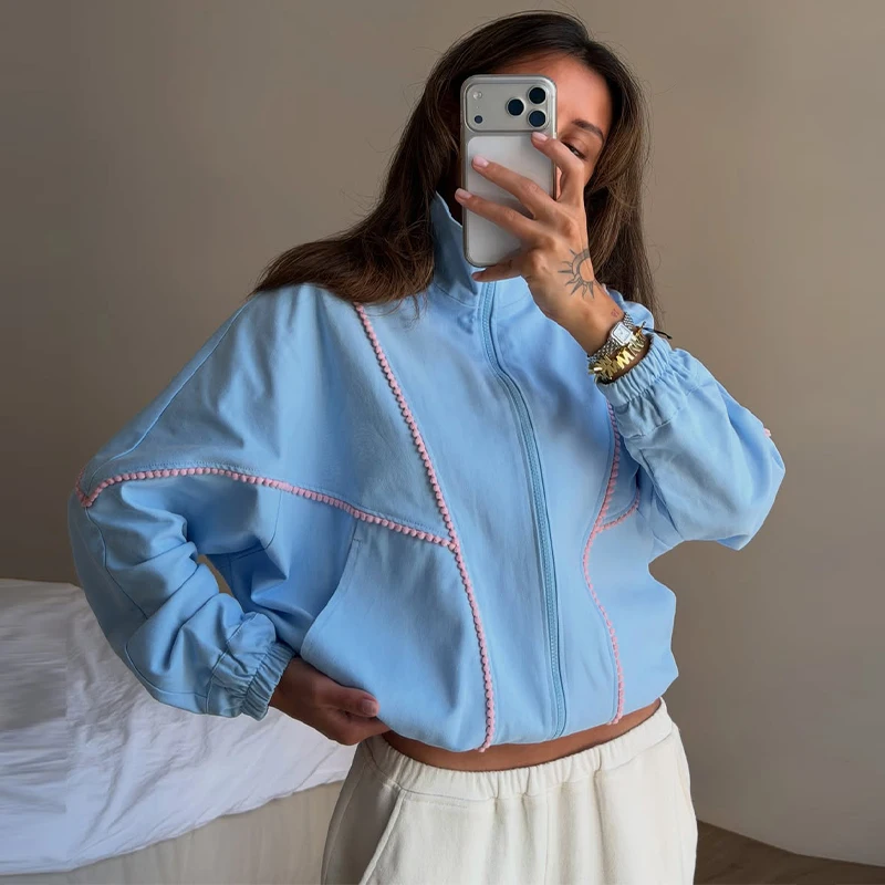 Contrast Denim Bomber Jackets Women's Casual Zipper Stand Collar Full Sleeve Short Coat 2026 Autumn New Lady High Street Outwear