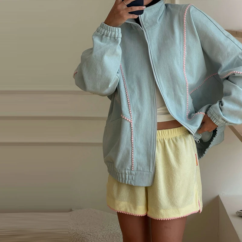 Contrast Denim Bomber Jackets Women's Casual Zipper Stand Collar Full Sleeve Short Coat 2026 Autumn New Lady High Street Outwear