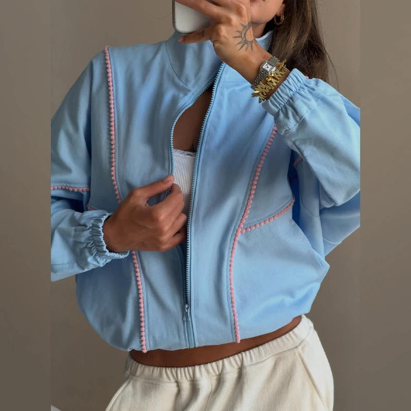 Contrast Denim Bomber Jackets Women's Casual Zipper Stand Collar Full Sleeve Short Coat 2026 Autumn New Lady High Street Outwear
