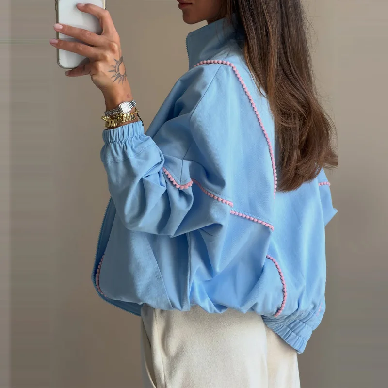 Contrast Denim Bomber Jackets Women's Casual Zipper Stand Collar Full Sleeve Short Coat 2026 Autumn New Lady High Street Outwear